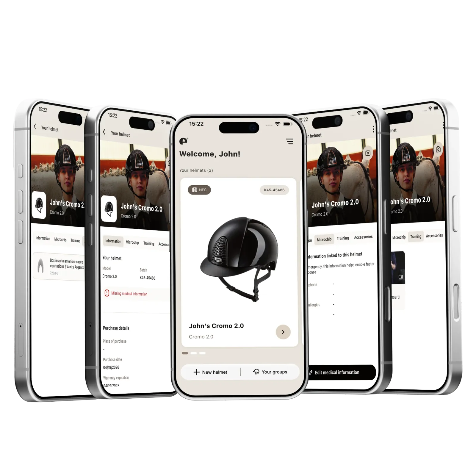 KEP App mostrata su cinque iPhone con caschi KEP, profilo cavaliere e dettagli del prodotto